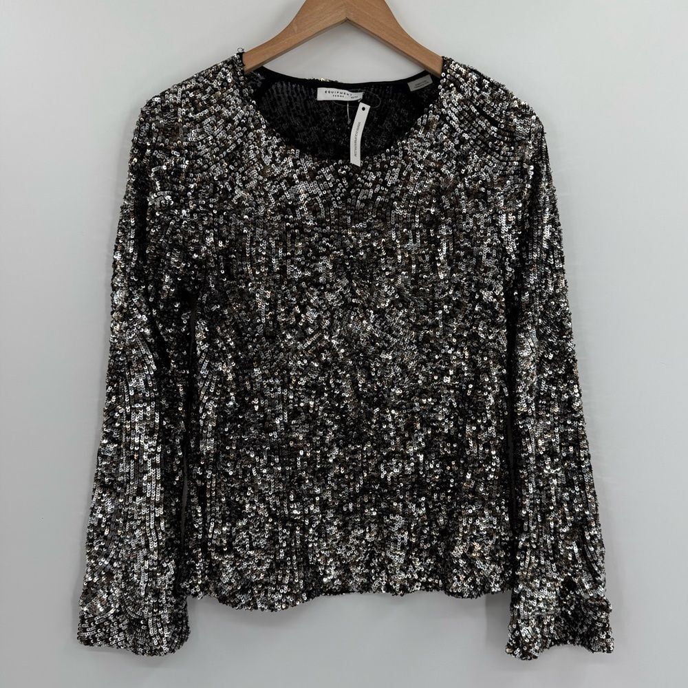 NWT Equipment Abeline Sequin Long Sleeve Blouse in Black/Silver | Size XS